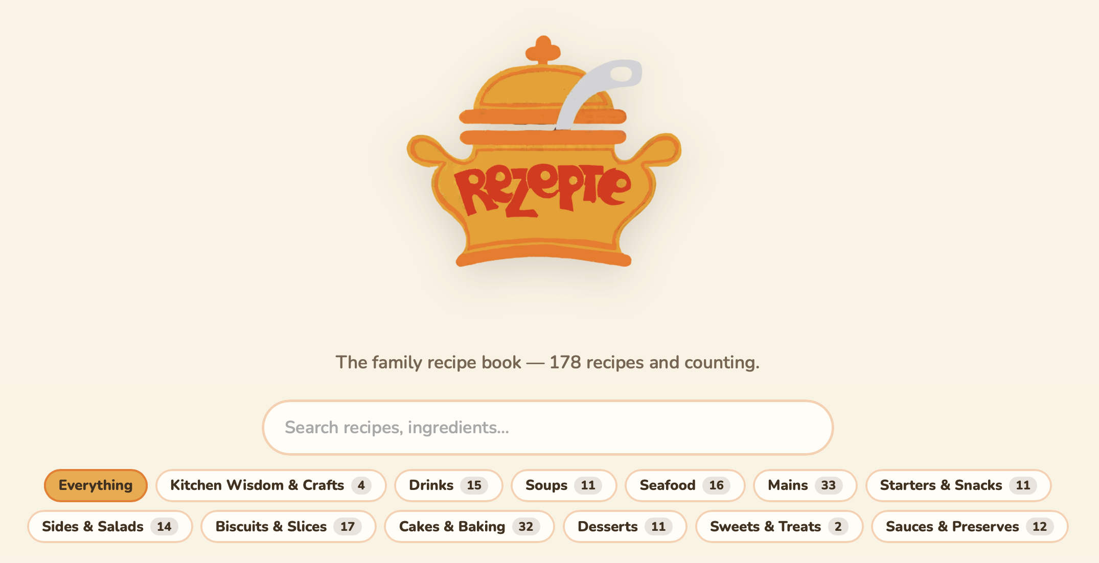Rezepte's home page — hand-drawn soup-pot logo, search bar, and recipe category pills totalling 178 recipes.